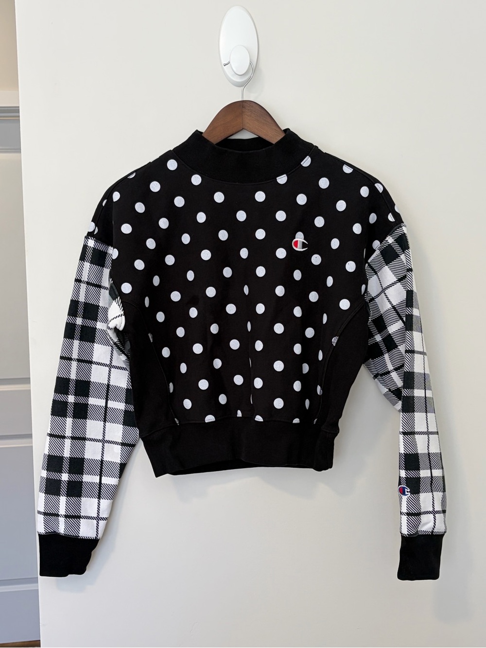 Champion Black & White Polka Dot + Plaid Cotton Crewneck Women’s Sweatshirt M